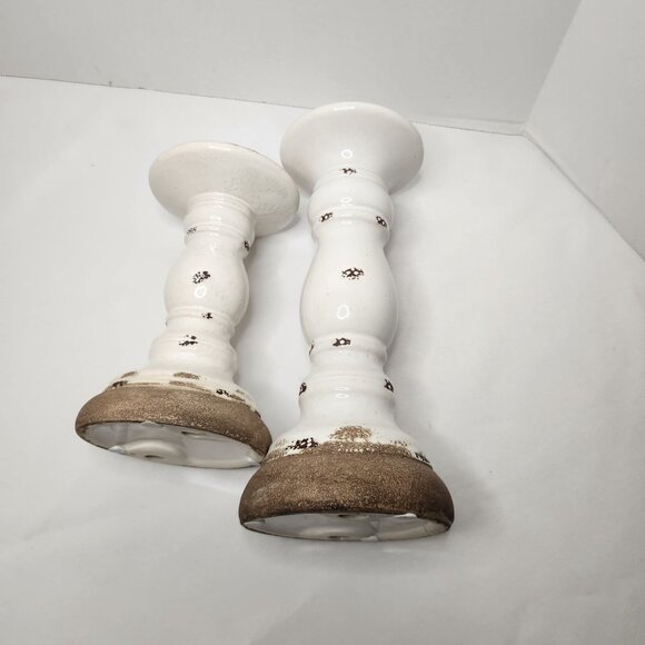 Farmhouse White Ceramic Pillar Holders Set of 2 - Picture 3 of 4